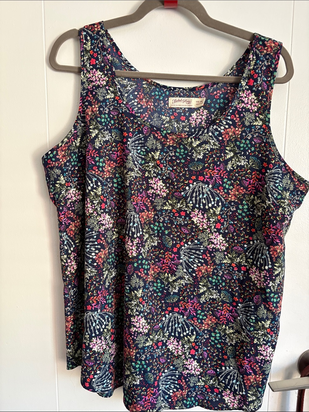 Faded Glory Navy Floral Tank Top with Pink, Green & Coral Accents